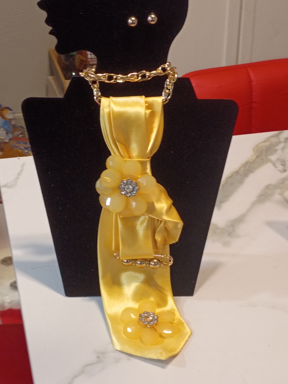 Yellow Floral Satin Necklace Scarf - Unbranded